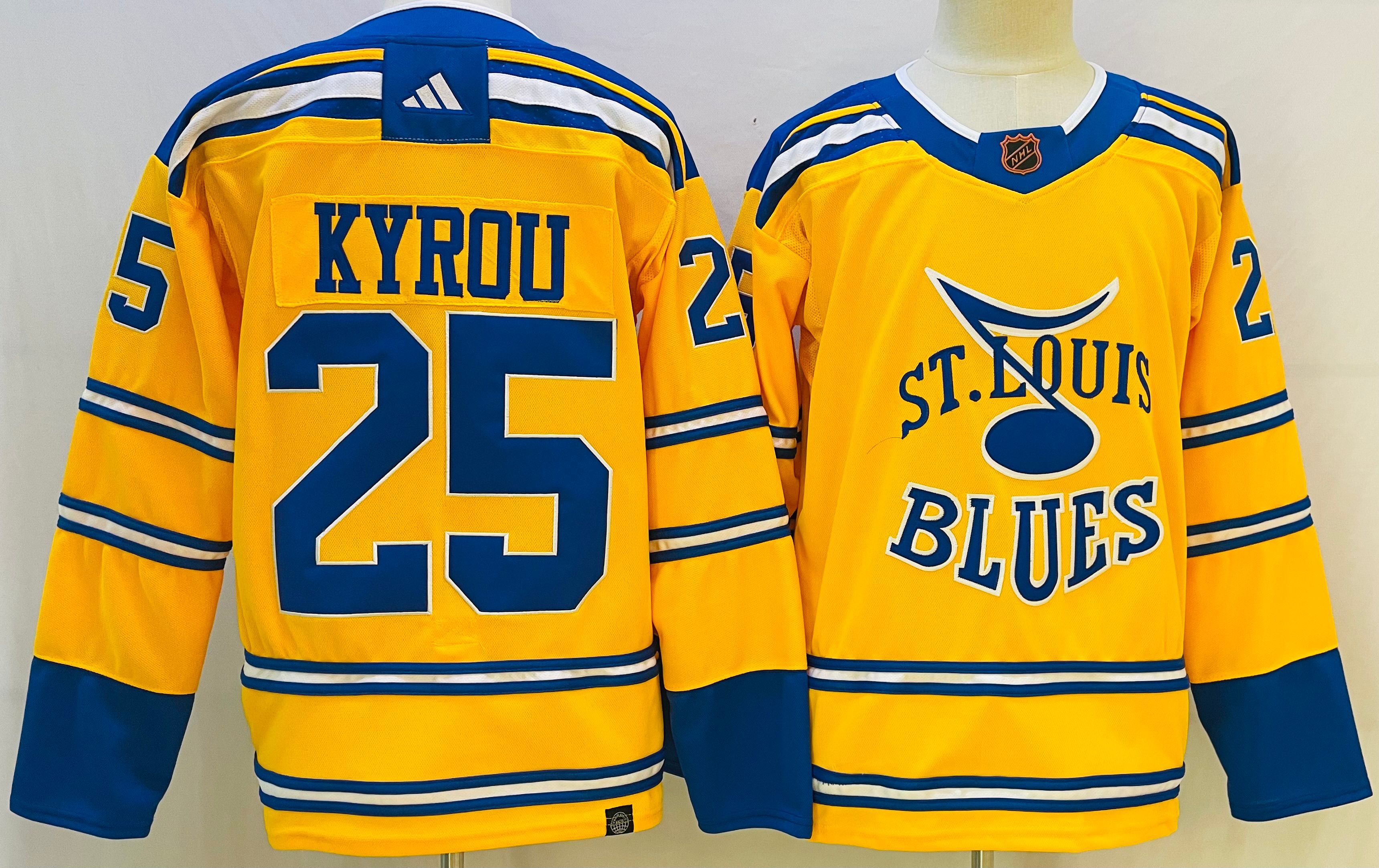 Men St.Louis Blues 25 Kyrou Yellow Throwback 2022 Adidas NHL Jersey